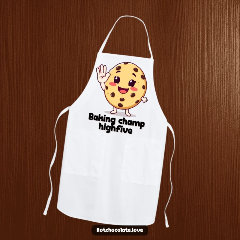 Funny anthropomorphic chocolate chip cookie giving an enthusiastic high-five on a practical and humorous kitchen apron.