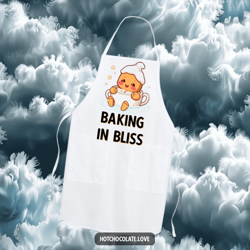 Funny apron featuring a happy gingerbread person swimming in a hot chocolate mug, ideal for a humorous and sweet kitchen experience.