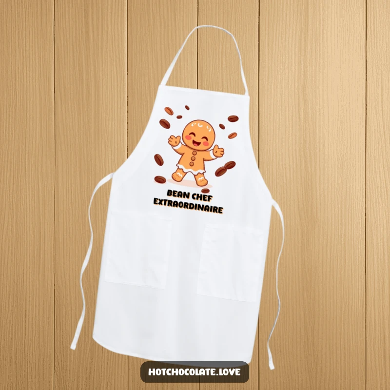 Funny apron showing a joyful gingerbread man character juggling cocoa beans with glee, ideal for holiday baking.