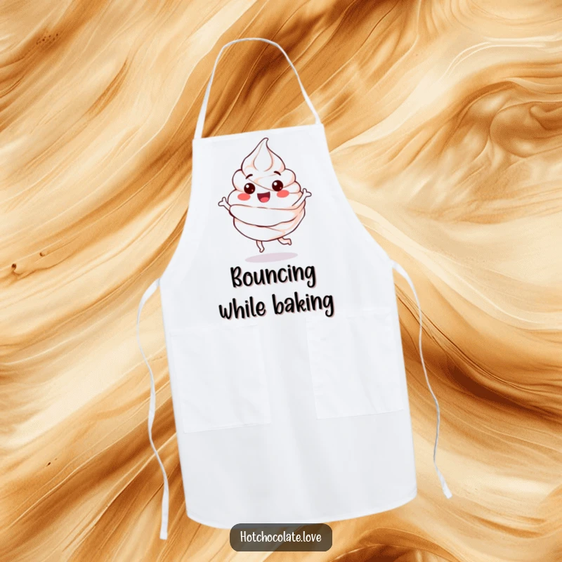 Funny Apron featuring a happy, anthropomorphic whipped cream dollop performing a playful bounce, perfect for kitchen protection.