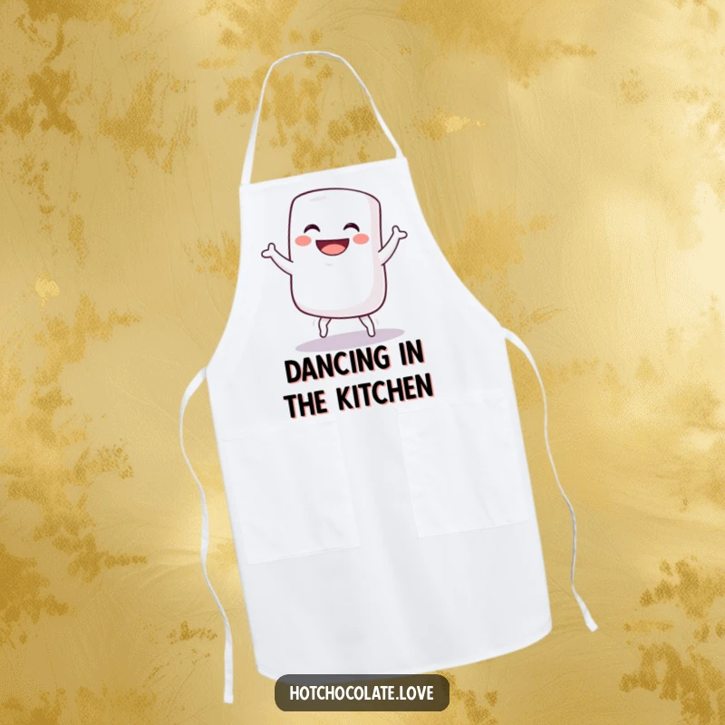 Funny apron graphic of a grinning marshmallow doing a humorous silly dance, ideal for kitchen fun and laughter, excellent funny gift.