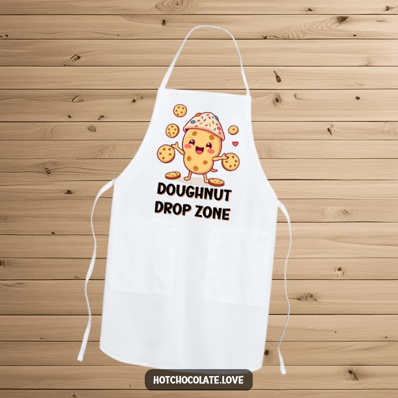 Funny cookie character in a sprinkle hat, enthusiastically juggling cookies, a durable and humorous apron for chefs.