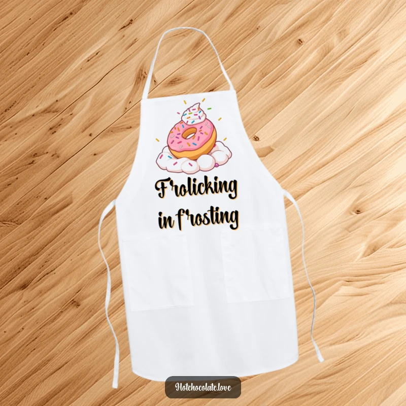 Funny apron design of a playful donut with sprinkles frolicking in whipped cream.