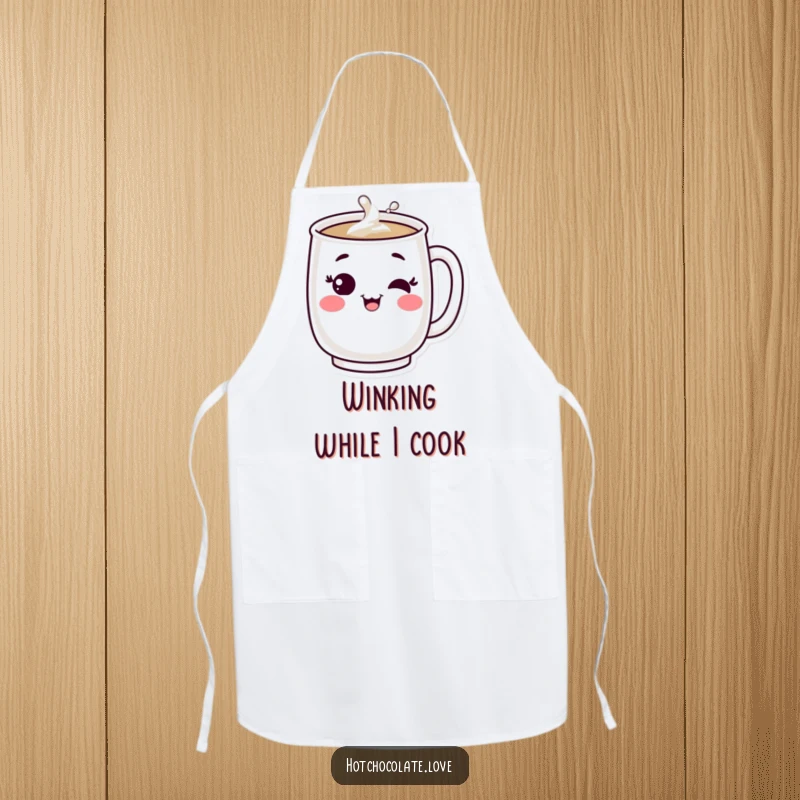 Funny apron: A bubbling mug character winking happily while cooking. Humorous kitchen wear.