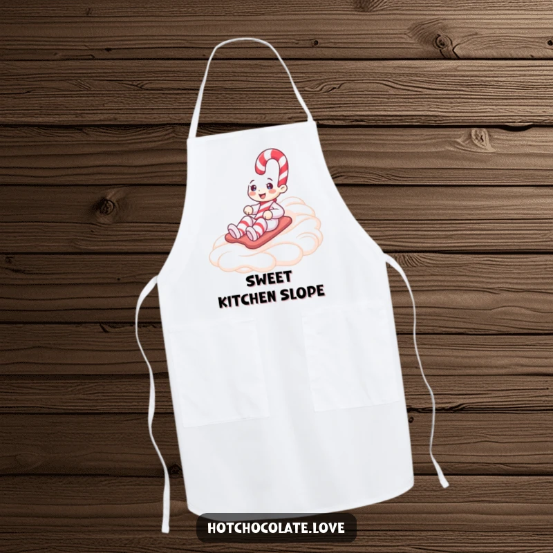 Funny apron featuring a happy candy cane character sliding down whipped cream, ideal for a humorous and festive cooking experience.