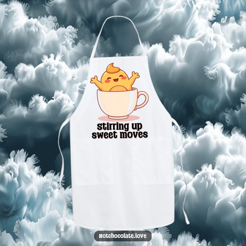 Funny caramel blob character joyfully leaping within a warm mug, depicted on a practical and humorous kitchen apron.