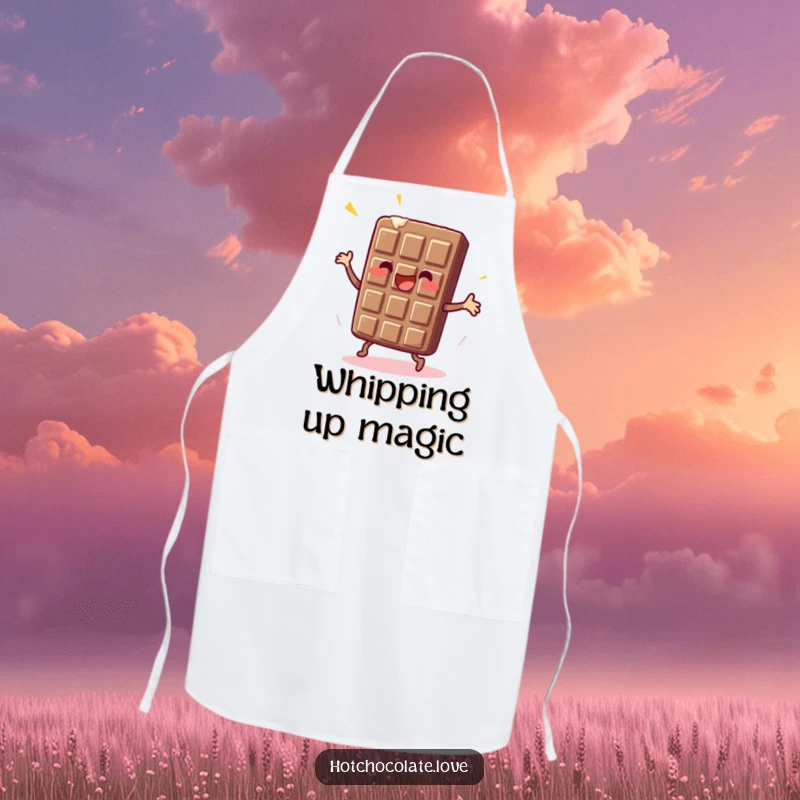 Funny Chocolate Bar Apron showing an enthusiastic chocolate bar dancing, designed to add sweetness and humor to cooking.
