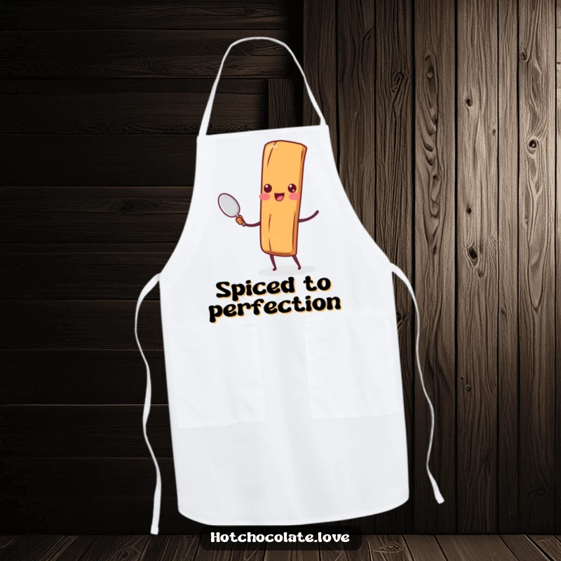 Funny Cinnamon Stick Spoon Apron: A cheerful cinnamon stick character holds a tiny spoon, ready to add spice and humor to the kitchen.