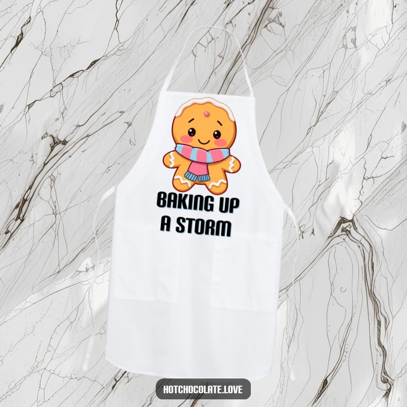 Funny Gingerbread Cookie Apron showing a delighted cookie with a scarf, designed to add holiday humor to baking.