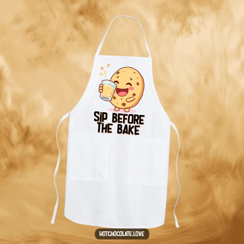 Funny happy cookie apron, joyfully taking a big sip, bringing cheerful flair and jovial fun to kitchen activities.
