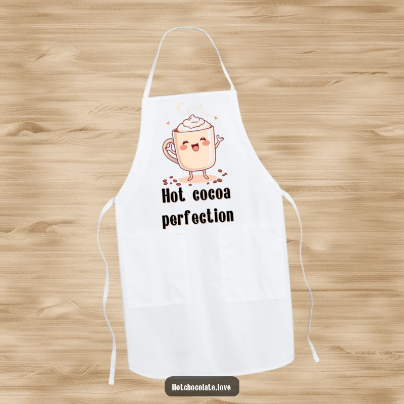 Funny apron with a steaming mug of hot chocolate personified, doing a happy dance, adding humorous charm to kitchen activities.