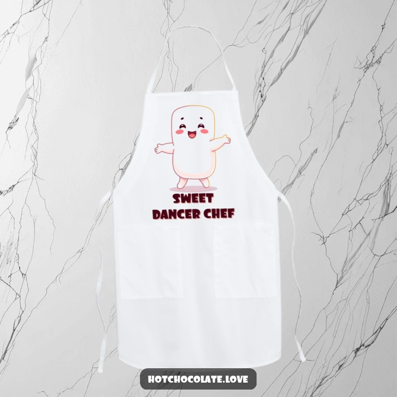Funny Marshmallow Apron: A happy marshmallow person is captured mid-dance, ready to bring joy and sweetness to the kitchen.