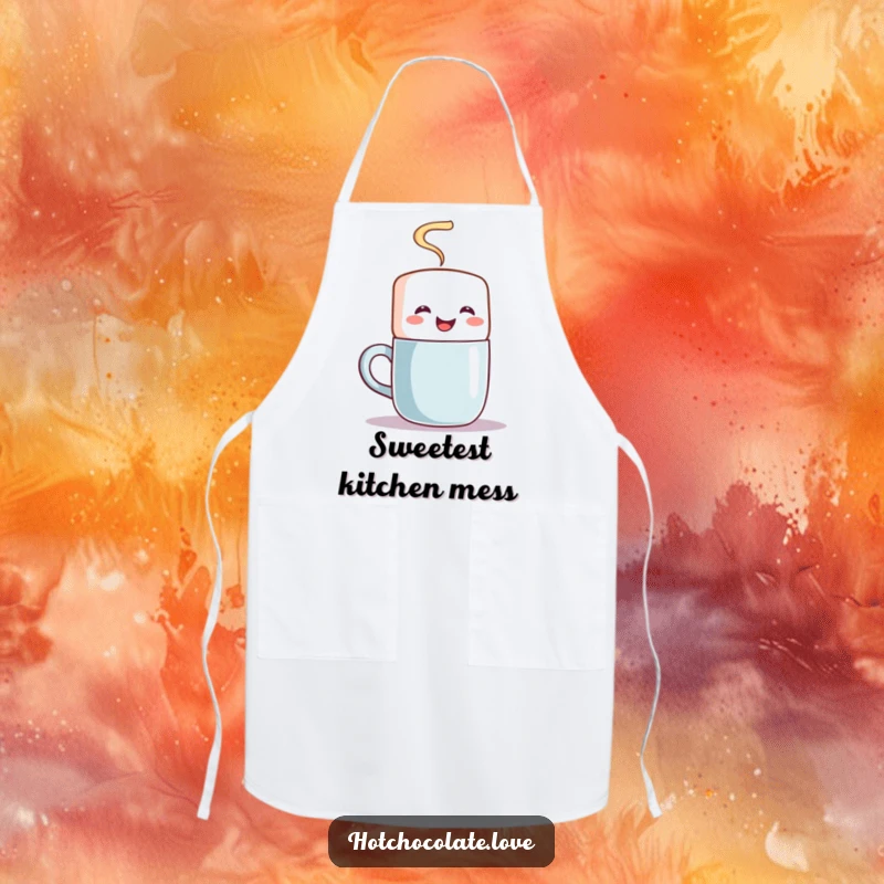 Funny apron showing a happy marshmallow character enthusiastically stirring a steaming mug, ideal for kitchen fun.