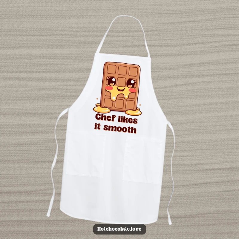 Funny melting chocolate bar apron, showing a happy, melting chocolate character ready for kitchen fun.