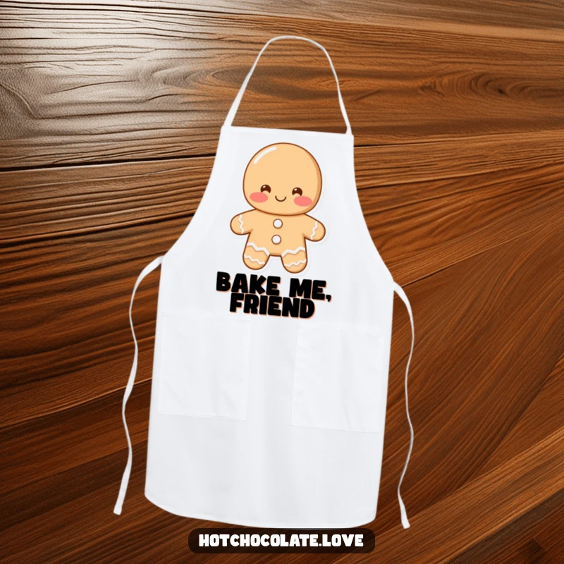 Funny gingerbread man apron showing a shy, blushing gingerbread man offering a greeting, ideal for bakers and holiday cooks.