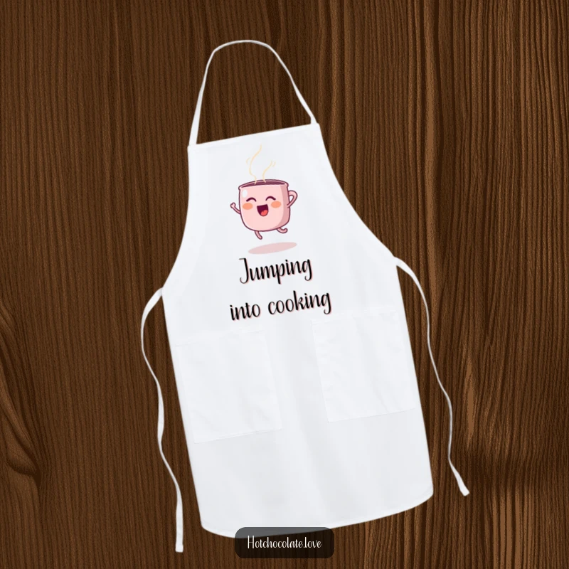 Funny apron graphic of a happy steaming mug in a dynamic joyful jump, adding humor to kitchen duties, excellent funny gift.