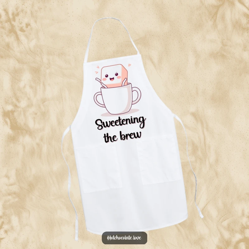Funny Apron with a playful sugar cube jumping into a mug, perfect for adding a fun and sweet vibe to cooking tasks.