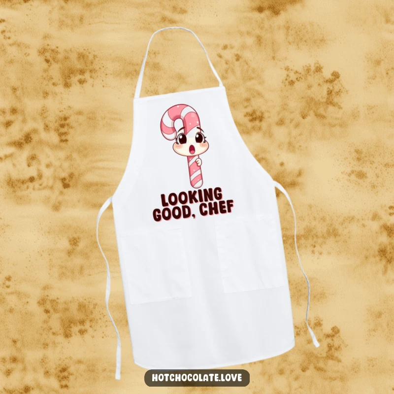 A surprised candy cane looking at its reflection, shown on a kitchen apron, ready for festive cooking and baking.