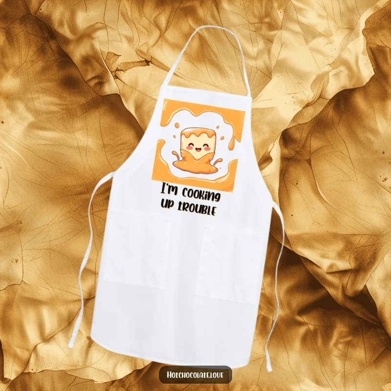 Funny apron featuring a joyful caramel cube character melting into a delicious liquid, perfect for a humorous and sweet cooking experience.