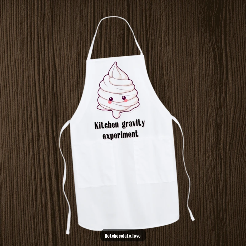 Funny whipped cream dollop on an apron, ready for action in the kitchen, adding humor to cooking.