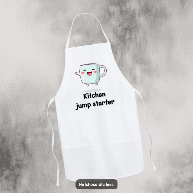 Funny Apron with a happy steaming mug performing a joyful jump, ready for a humorous and energetic cooking experience.