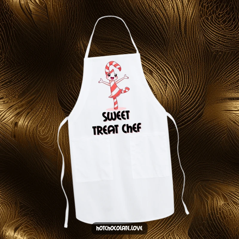 Funny Candy Cane Apron featuring a delighted candy cane doing a silly pirouette with festive stripes, ideal for holiday baking.