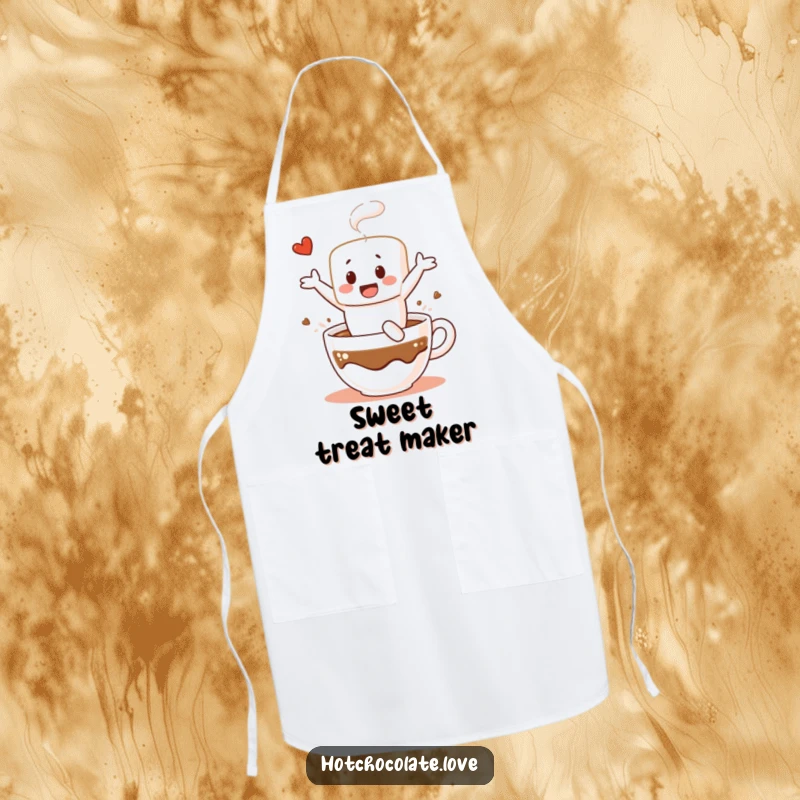 Funny apron with a cheerful marshmallow character diving into hot chocolate, adding humorous charm to kitchen activities.