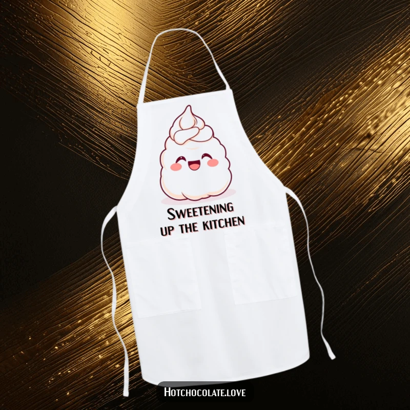 Funny Apron featuring a content dollop of whipped cream cheering with glee, perfect for baking or decorating with a sweet touch.