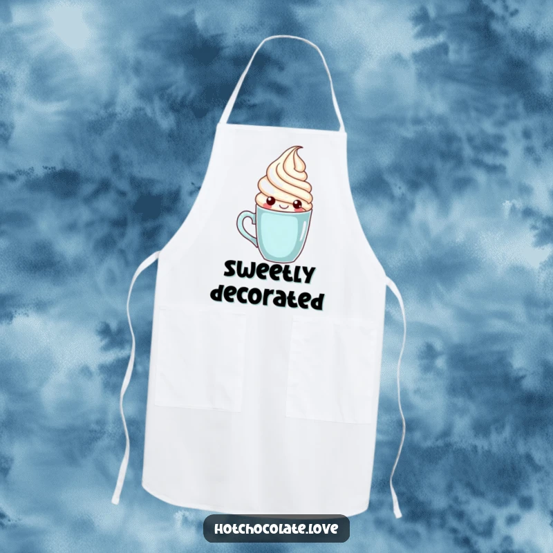 Funny whipped cream character popping out of a mug, on a functional and humorous apron for kitchen fun.