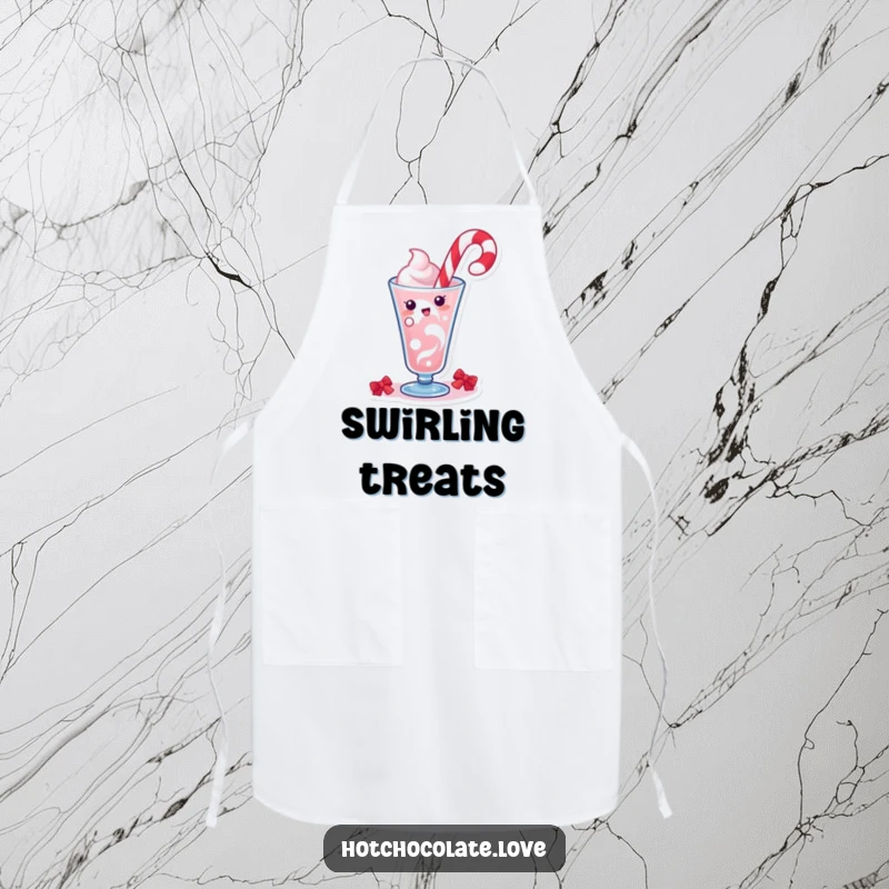 Funny apron with a cheerful candy cane character performing a lively swirl in a holiday drink, perfect for festive cooking.