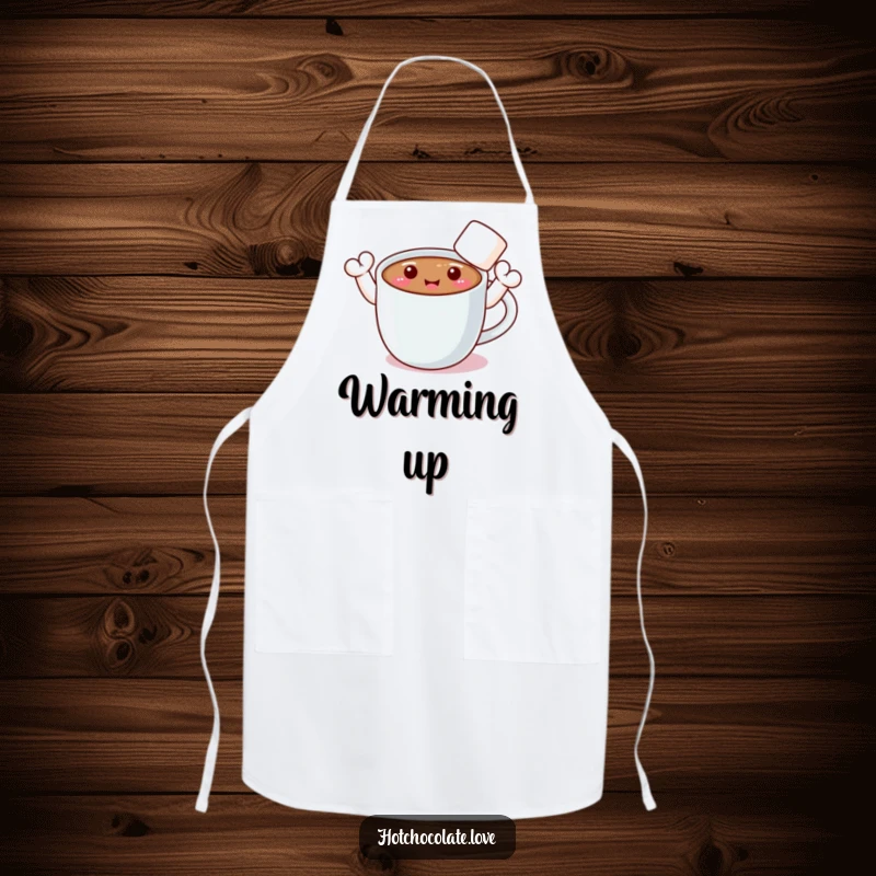 Funny apron showcasing a smiling hot chocolate mug with cute marshmallow arms waving cheerfully.