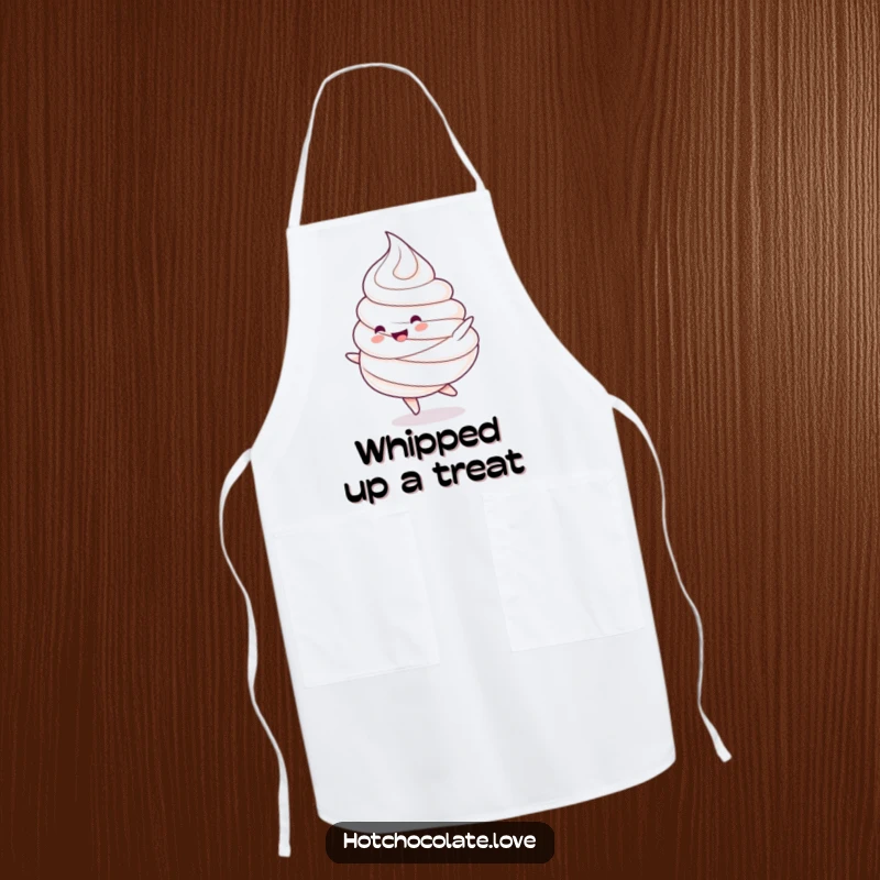 Funny apron: A charming whipped cream dollop character doing a happy spin. Humorous kitchen accessory.