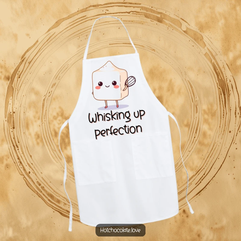 Funny sugar cube balancing a whisk on a practical and humorous kitchen apron.