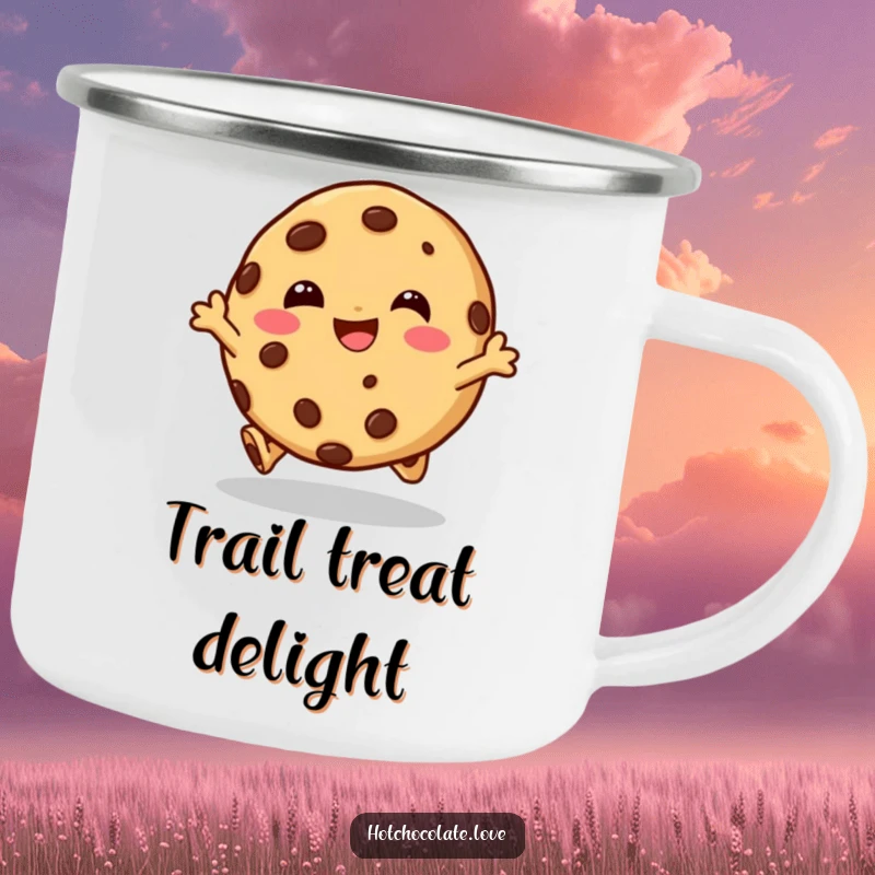 Funny camping mug featuring a giggling chocolate chip cookie character doing a happy hop, durable for adventures and fun.