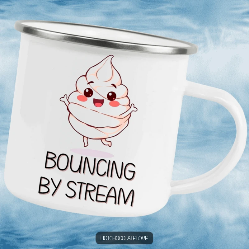 Funny Camping Mug depicting a happy, anthropomorphic whipped cream dollop performing a playful bounce, perfect for outdoor drinks.