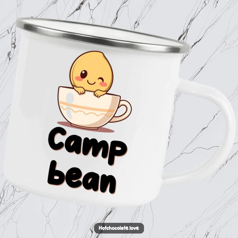 Funny camping mug with a happy coffee bean character peeking over a cup, perfect for enjoying coffee outdoors.