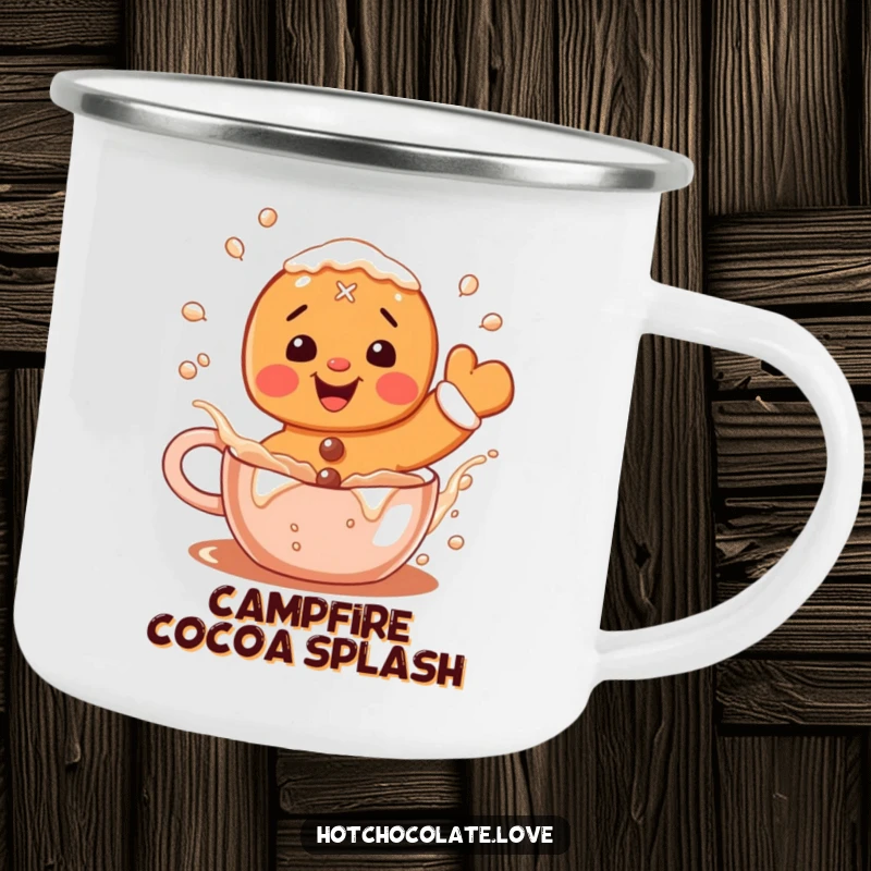 Funny Gingerbread Camping Mug: A delighted gingerbread man splashing in hot cocoa, ready for festive outdoor drinks.
