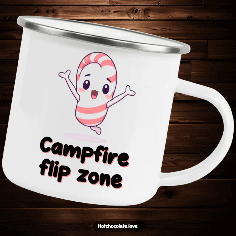 Funny surprised candy cane mid-cartwheel, a sturdy enamel camping mug with a humorous design.