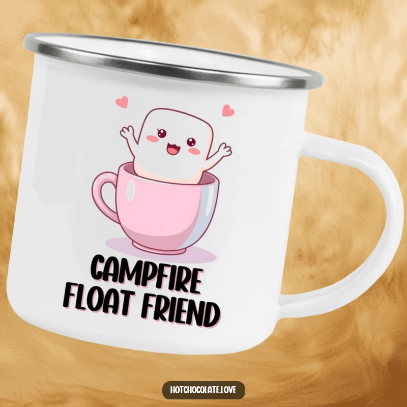 Funny Marshmallow Camping Mug with a happy, waving marshmallow, designed for outdoor enjoyment and humor.