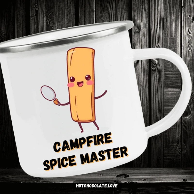 Funny Cinnamon Stick Spoon Camping Mug: A cheerful cinnamon stick character holds a tiny spoon, ideal for outdoor adventures and hot beverages.