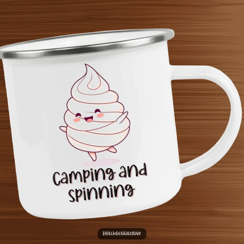 Funny camping mug: A charming whipped cream dollop character doing a happy spin. Durable and sweet drinkware.