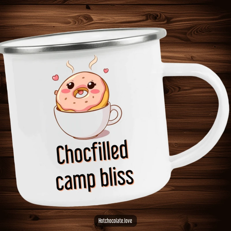 Funny camping mug: A bouncy donut character floating in hot chocolate. Durable and fun drinkware.