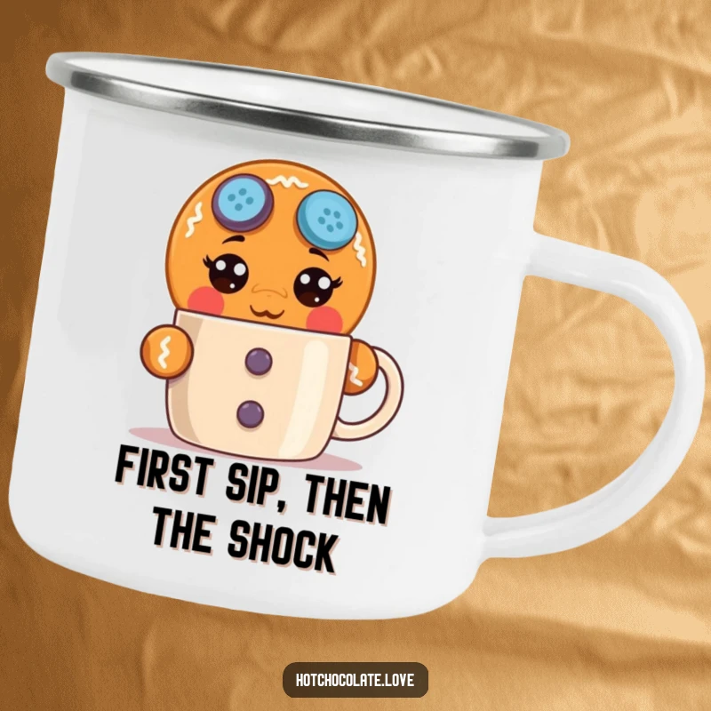 Funny surprised gingerbread man camping mug with wide button eyes peeking, perfect for outdoor drinks with humorous, festive shock.