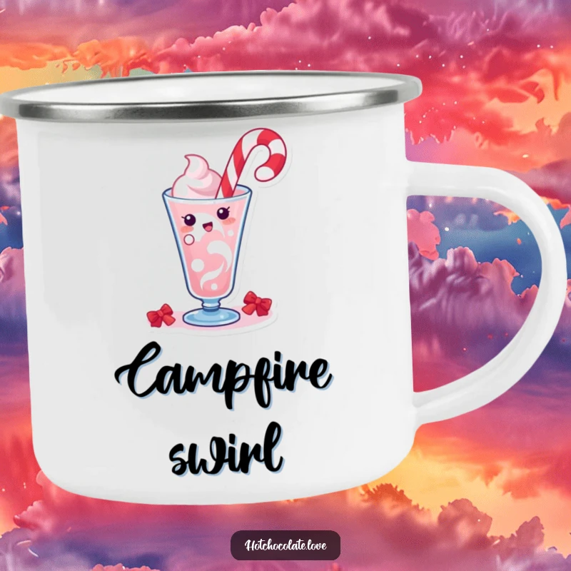 Funny camping mug with a happy candy cane character swirling merrily in a drink, designed for festive outdoor enjoyment.