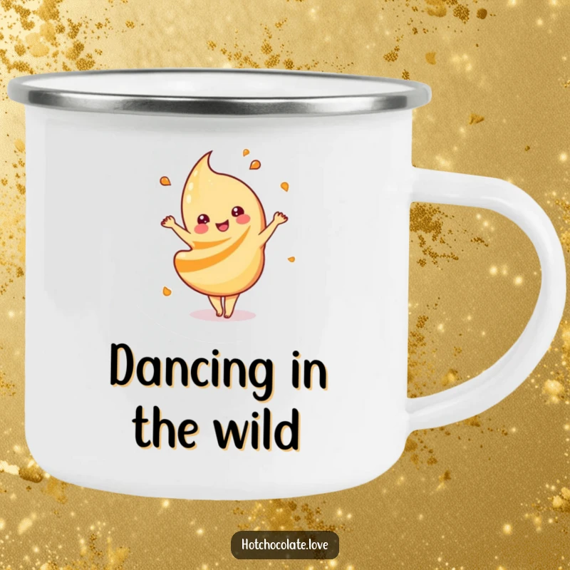 Funny playful caramel swirl camping mug, doing a happy dance, perfect for outdoor sips with sweet, energetic fun.