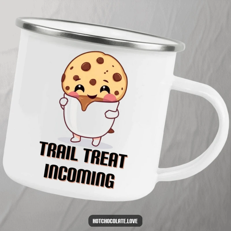 Funny Cookie Camping Mug: A cheerful chocolate chip cookie dipping into hot chocolate, ready for outdoor treats.