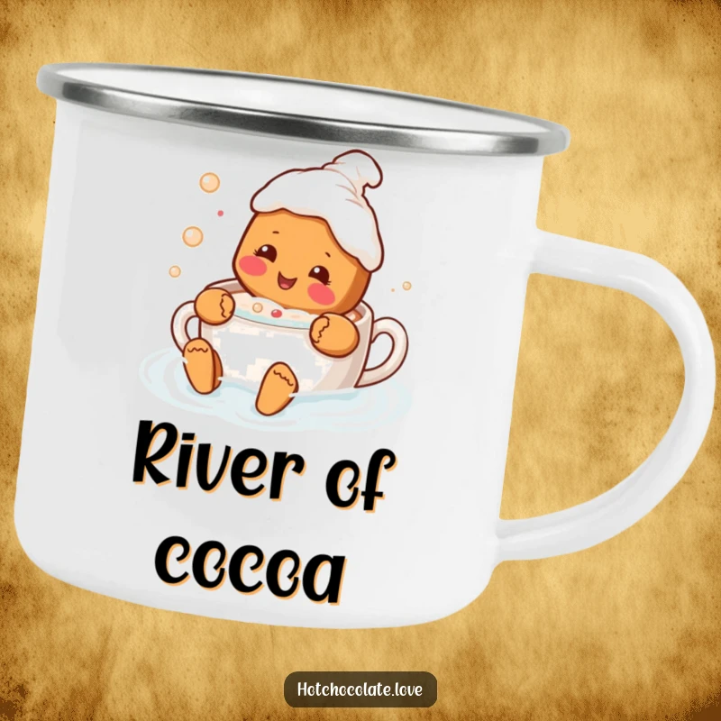 Funny camping mug showing a happy gingerbread person swimming in a hot chocolate mug, ideal for humorous, cozy outdoor drinks.