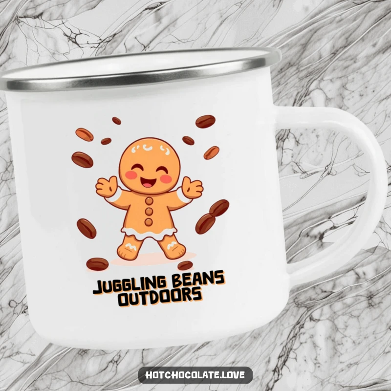 Funny camping mug with a joyful gingerbread man character juggling cocoa beans with glee, ideal for holiday camping.