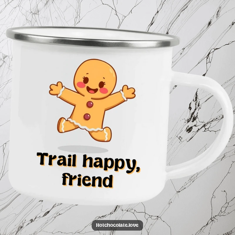 Funny gingerbread person skipping with glee, a sturdy enamel camping mug with a humorous design.