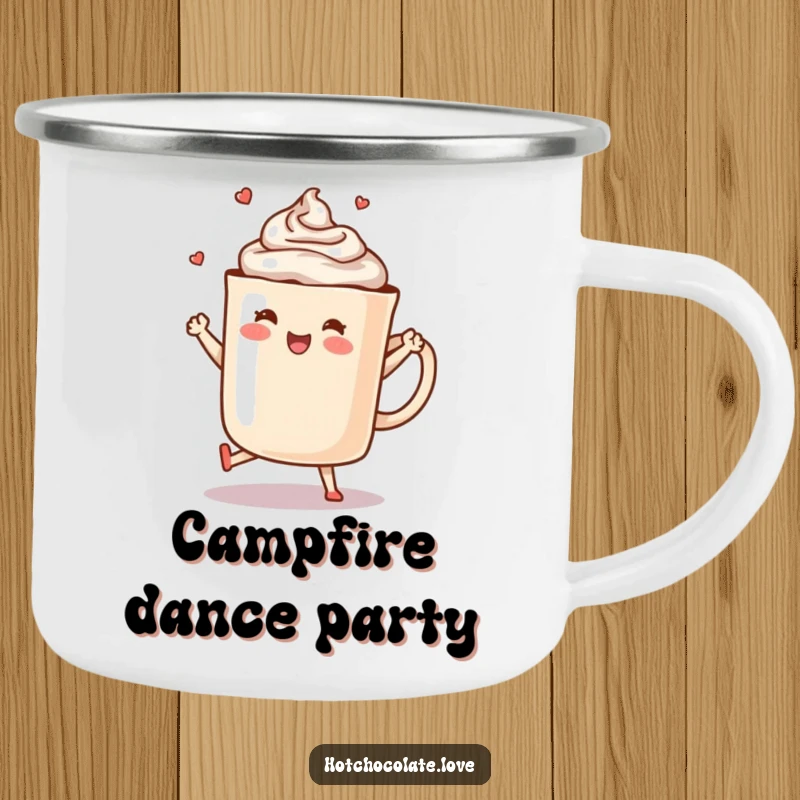 Funny Hot Chocolate Camping Mug: A steaming mug of hot chocolate dances energetically.